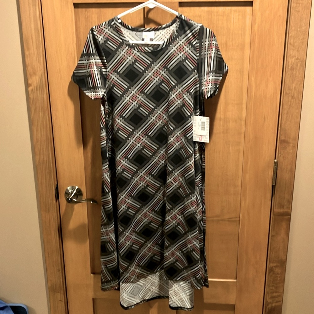 NWT LuLaRoe Carly Grey short sleeve dress w/ high/lo hem, scoop neck Sz S